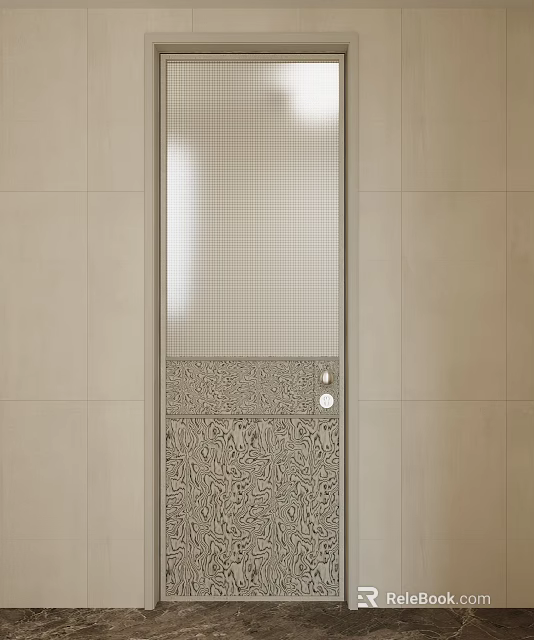 Modern Beige Interior Door With Grid Panel And Patterned Lower Section 3d model 