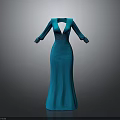 Elegant Blue Long Dress With V Neck Long Sleeves And Fitted Design