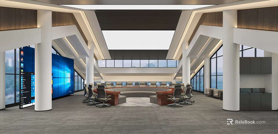 Modern Conference Room With Large Windows Blue Screen And Spacious Interior Design 3d model 