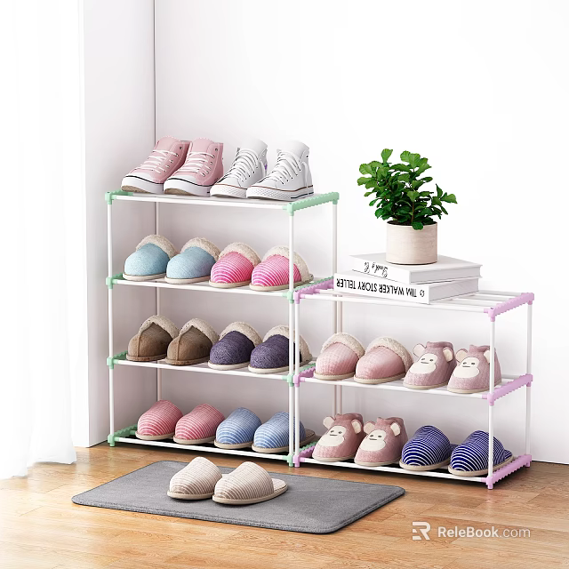 Multilayer Shoe Storage Rack with Colorful Shoes Green Potted Plant and Books 3d model 