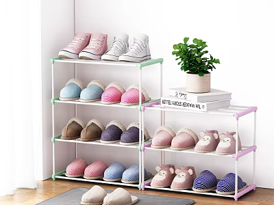 Multilayer Shoe Storage Rack with Colorful Shoes Green Potted Plant and Books 3d model