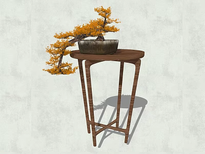 Curved Branches Bonsai Plant with Yellow Foliage on Small Wooden Stand 3d model