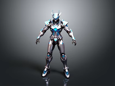 Futuristic Robot Character With Detailed Metallic Armor And Blue Glowing Elements 3d model