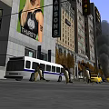 Vibrant Commercial Street with Tall Buildings Buses Taxis and Pedestrians