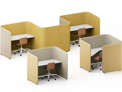 Modern Tan And Gray Office Desks With Partition Dividers And Chairs 3d model