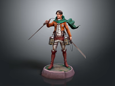 Eren Yeager Action Figure with Survey Corps Uniform Green Cloak Swords and Titans Theme Sculpture 3d model
