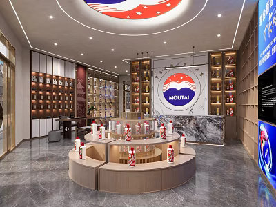 Moutai Store Interior With Display Shelves And Wine Bottles Exhibition Counter 3d model