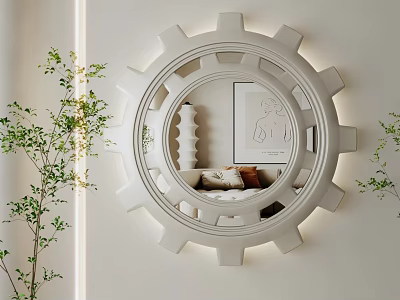 Round Gear Shaped Wall Mounted Mirror With White Frame And Green Plants In Interior 3d model