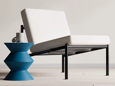 Modern Minimalist Leisure Chair With White Cushion Black Metal Frame And Blue Side Table 3d model