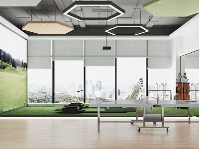 Indoor Golf Simulator Practice Room Featuring Floor to Ceiling Windows City View Hexagonal Pendant Lights 3d model