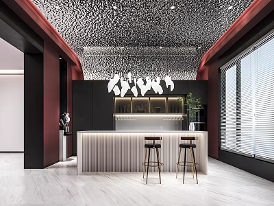 Modern Restaurant Interior With Crushed Texture Ceiling Red Accents Bar Counter And Bar Stools 3d model