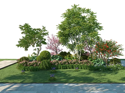 Lush Garden Shrubs With Decorative Trees Flowers And Green Grass Near Stone Path 3d model
