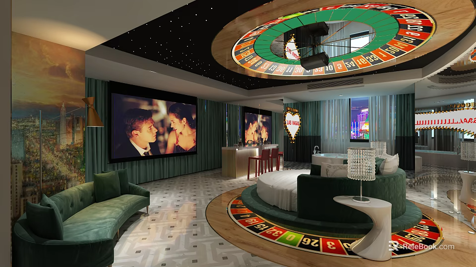 Hotel Room With Starry Ceiling Roulette Wheel Green Sofas And Large Screen TVs 3d model 