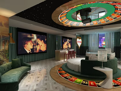 Hotel Room With Starry Ceiling Roulette Wheel Green Sofas And Large Screen TVs 3d model