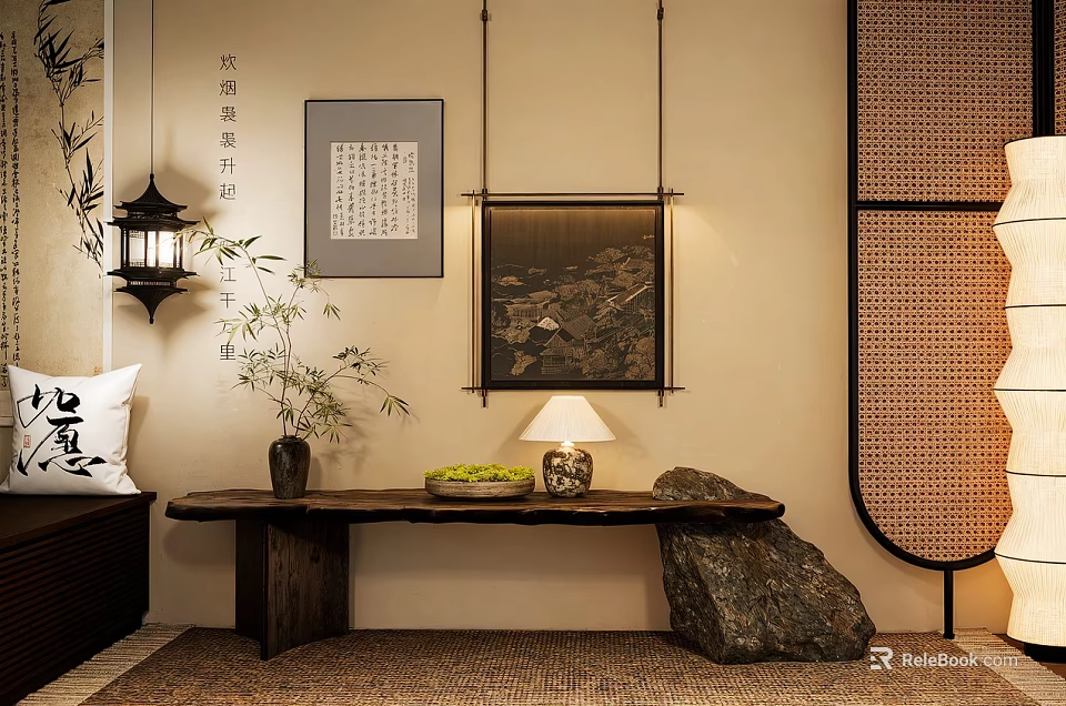Traditional Japanese Wooden Stool With Bamboo Stone Lantern And Calligraphy In Zen Interior 3d model 