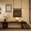 Middle Ancient Hallway Middle Ancient Style Duan Scenery Sitting Stool Hanging Paintings Ornaments Potted Plant 3d model