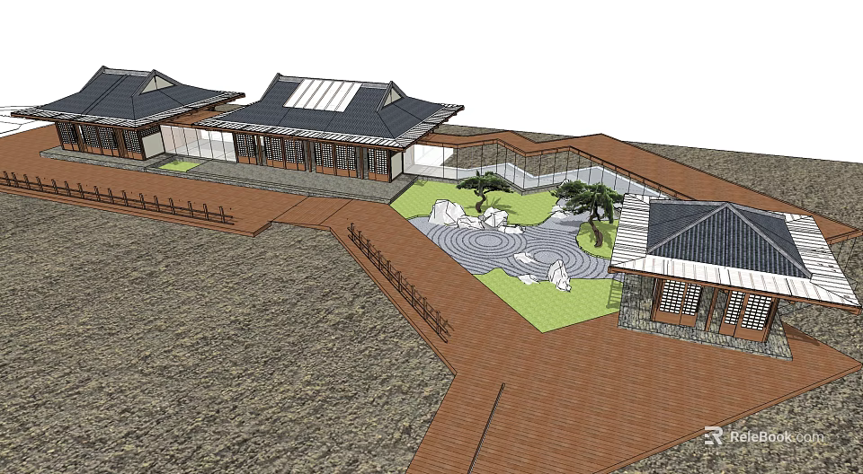 Traditional Chinese Garden Landscape With Black Tile Roofs Courtyard Stone Pathway Green Lawn And Trees 3d model 