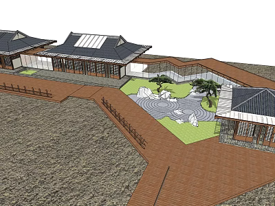 Traditional Chinese Garden Landscape With Black Tile Roofs Courtyard Stone Pathway Green Lawn And Trees 3d model