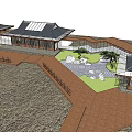 Traditional Chinese Garden Landscape With Black Tile Roofs Courtyard Stone Pathway Green Lawn And Trees