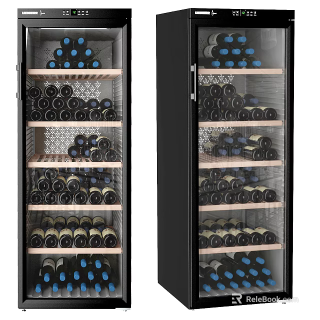Modern Double Door Wine Cabinet With Glass Doors Wooden Shelves And Red Wine Bottles 3d model 