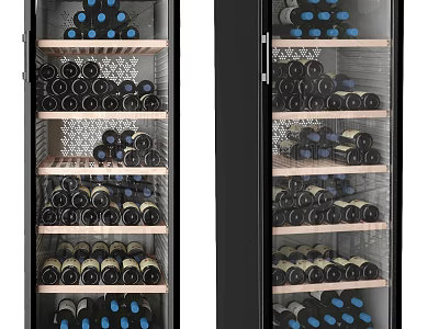 Modern Double Door Wine Cabinet With Glass Doors Wooden Shelves And Red Wine Bottles 3d model