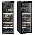 Modern Double Door Wine Cabinet With Glass Doors Wooden Shelves And Red Wine Bottles