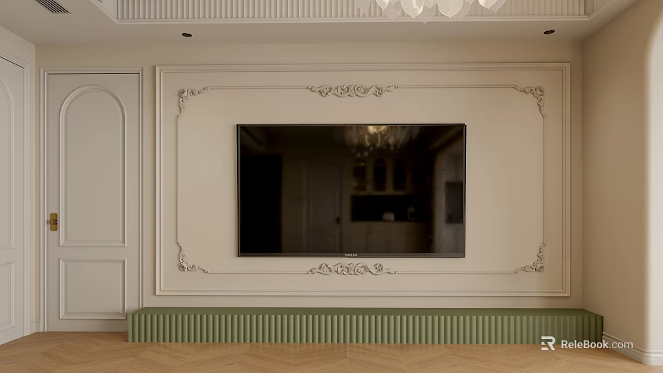 Elegant White TV Background Wall With Decorative Frames And Green Base Trim Design 3d model