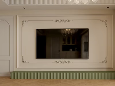Elegant White TV Background Wall With Decorative Frames And Green Base Trim Design 3d model
