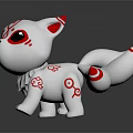 White Fox Cartoon Character With Red Patterns Big Red Eyes And Three Tails