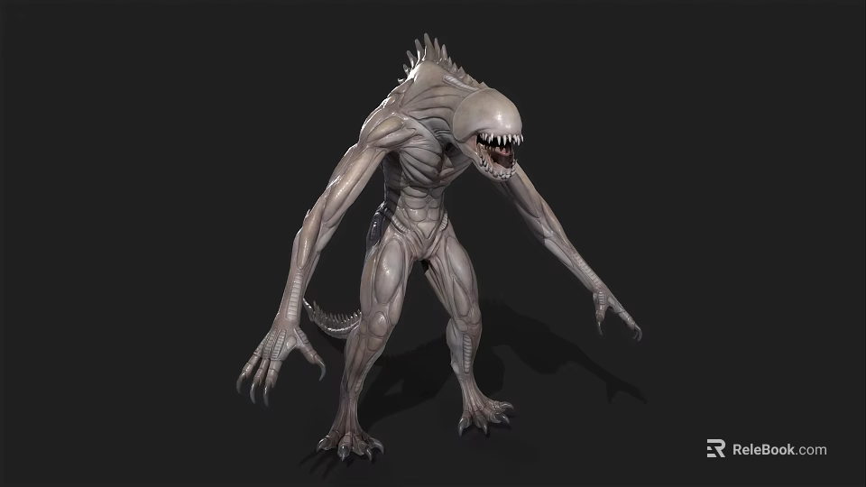 Scary Alien Monster with Sharp Teeth Spiked Back and Slim Gray Body in Dark Background 3d model 