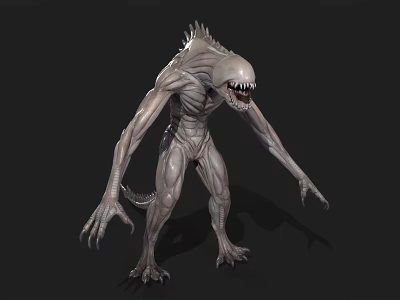 Scary Alien Monster with Sharp Teeth Spiked Back and Slim Gray Body in Dark Background 3d model