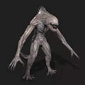 Scary Alien Monster with Sharp Teeth Spiked Back and Slim Gray Body in Dark Background
