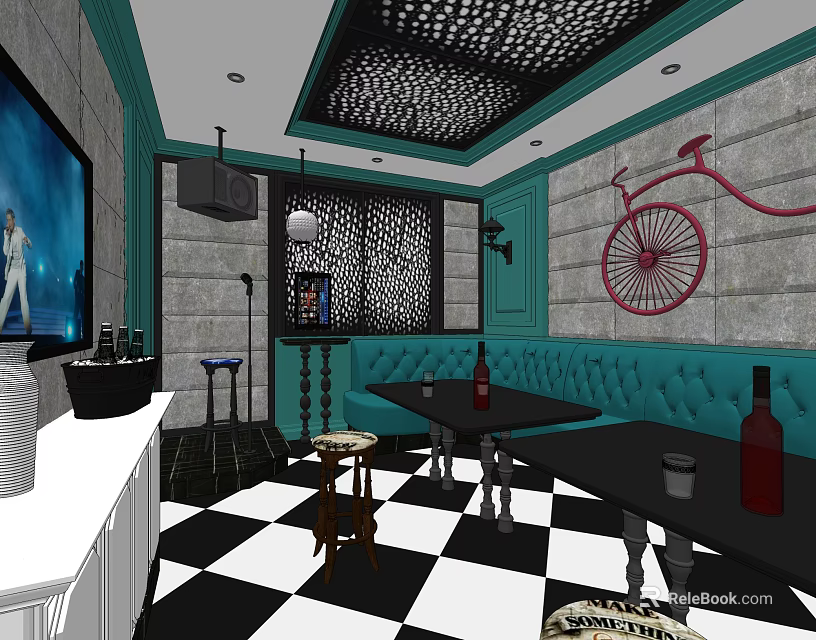 KTV Room Interior With Turquoise Sofa Black White Checkered Floor And Bicycle Wall Decor 3d model 