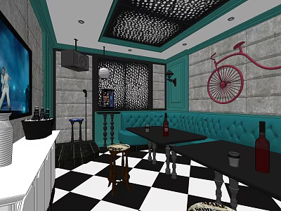 KTV Room Interior With Turquoise Sofa Black White Checkered Floor And Bicycle Wall Decor 3d model