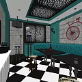 KTV Room Interior With Turquoise Sofa Black White Checkered Floor And Bicycle Wall Decor