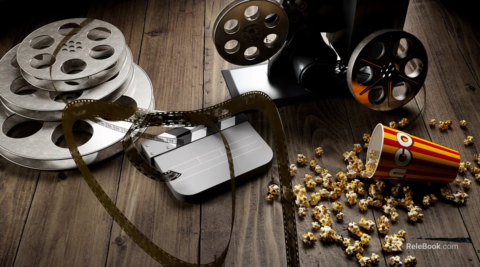 Vintage Movie Themed Decorative Ornament Set With Projector Film Reels Clapperboard Film Strip And Popcorn 3d model 
