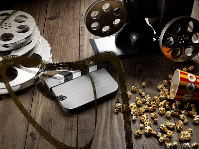 Vintage Movie Themed Decorative Ornament Set With Projector Film Reels Clapperboard Film Strip And Popcorn 3d model