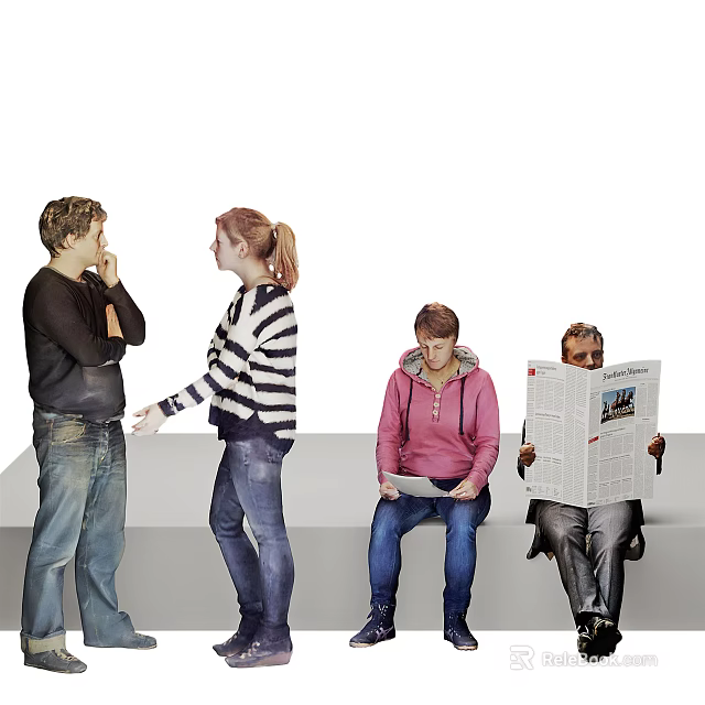 Group of People Talking Sitting Using Smartphone and Reading Newspaper 3d model