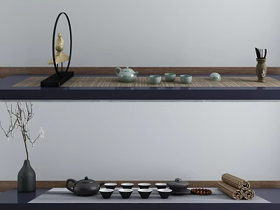 Traditional Tea Set With Teapot And Teacups On Bamboo Mat And Simple Decorative Branches 3d model