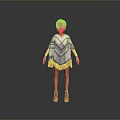 3D Game Movie Character with Blonde Hair Blue White Chevron Cape Dress Fringes Red Shoes