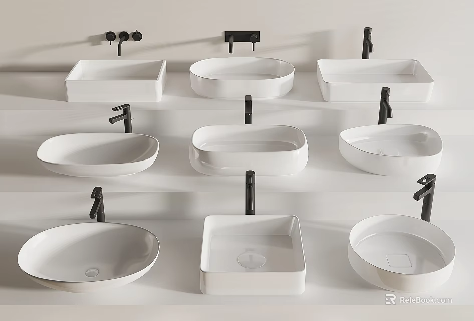 Various White Washbasins with Different Shapes and Black Faucets on 3d model 