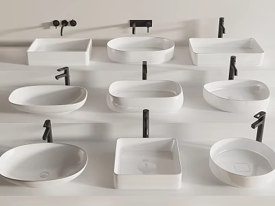 Various White Washbasins with Different Shapes and Black Faucets on 3d model