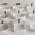Various White Washbasins with Different Shapes and Black Faucets on