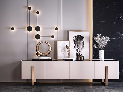White Modern TV Stand with Geometric Wall Lamp Art Prints and Decorative Vase 3d model
