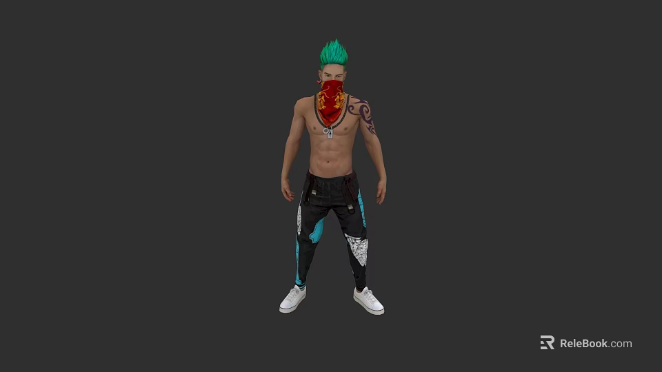Game Movie Character Green Hair Red Bandana Shirtless Tattoos Black Pants Blue Accents White Shoes 3d model 