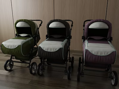 Modern Green Black Purple Baby Strollers on Wooden Floor with Wooden Walls 3d model