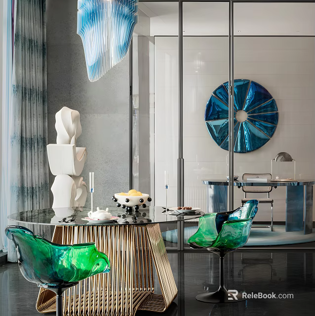Modern Restaurant Interior Design With Green Chairs Glass Table And Blue Artwork 3d model 