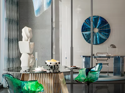 Modern Restaurant Interior Design With Green Chairs Glass Table And Blue Artwork 3d model
