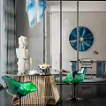 Modern Restaurant Interior Design With Green Chairs Glass Table And Blue Artwork