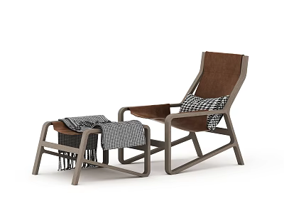 Modern Lounge Chair With Wooden Frame Brown Cushion And Ottoman With Checkered Blanket 3d model